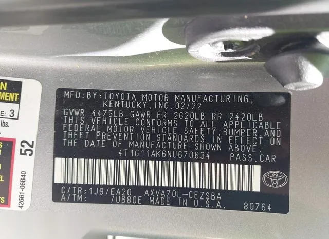 4T1G11AK6NU670634 2022 2022 Toyota Camry- SE 9