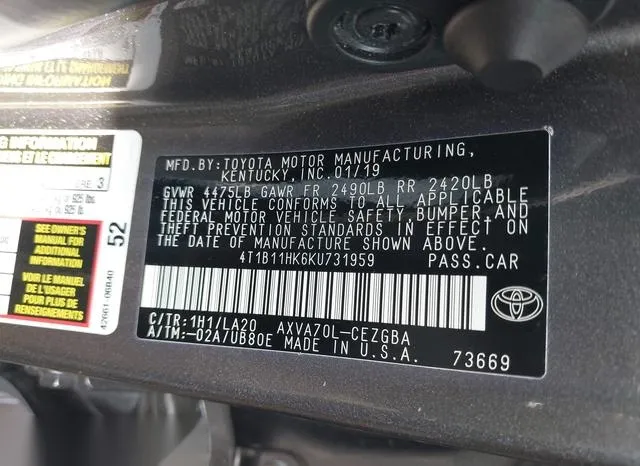 4T1B11HK6KU731959 2019 2019 Toyota Camry- Xle 9