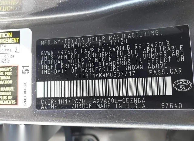 4T1R11AK4MU537717 2021 2021 Toyota Camry- LE 9