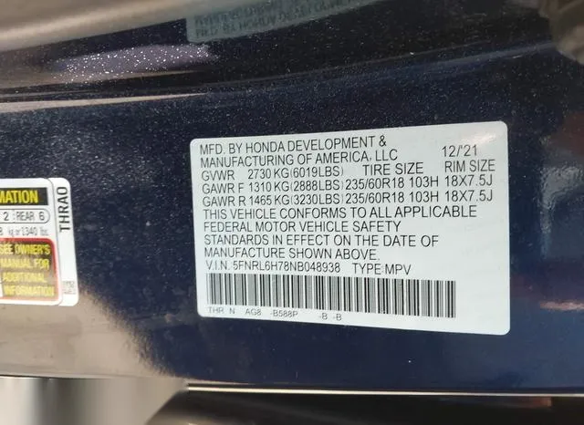 5FNRL6H78NB048938 2022 2022 Honda Odyssey- Ex-L 9