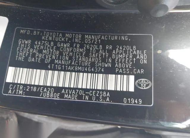 4T1G11AK8MU464374 2021 2021 Toyota Camry- SE 9