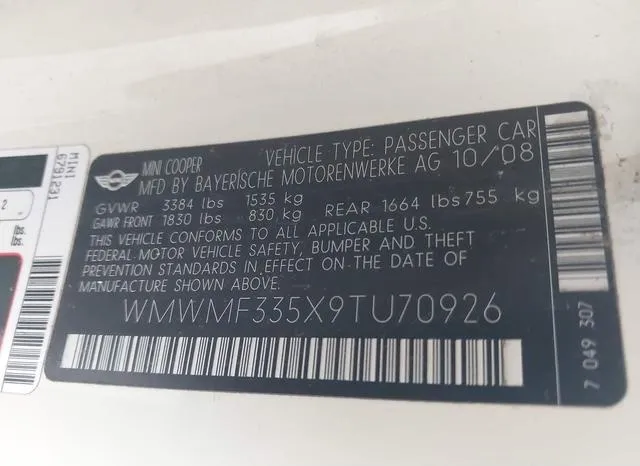 WMWMF335X9TU70926 2009 2009 Mini Cooper 9