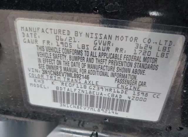 3N1CN8EV7ML892146 2021 2021 Nissan Versa- Sv Xtronic Cvt 9