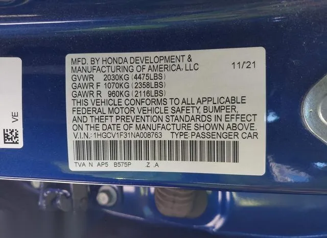 1HGCV1F31NA008763 2022 2022 Honda Accord- Sport 9