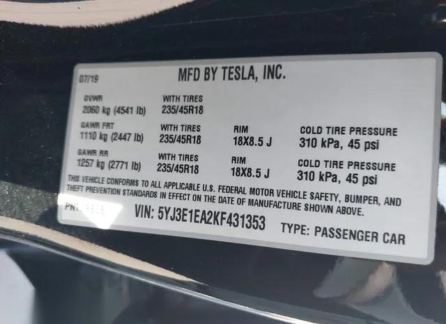 5YJ3E1EA2KF431353 2019 2019 Tesla Model 3- Long Range/Mid Ra 9