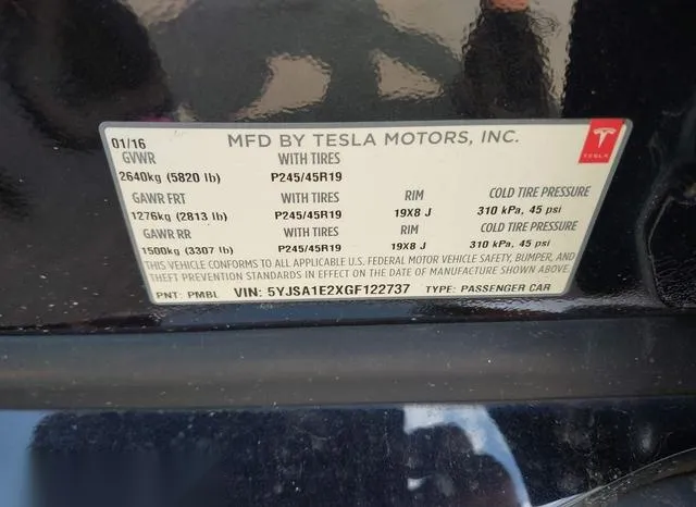 5YJSA1E2XGF122737 2016 2016 Tesla Model S- 60D/70D/75D/85D/90D 9