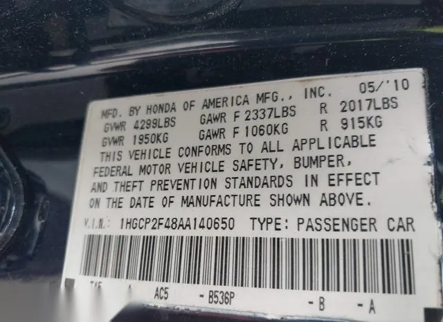 1HGCP2F48AA140650 2010 2010 Honda Accord- 2-4 Lx-P 9