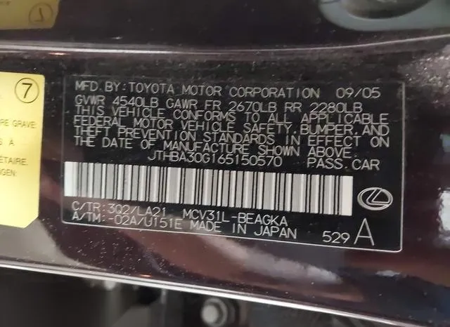 JTHBA30G165150570 2006 2006 Lexus ES- 330 9