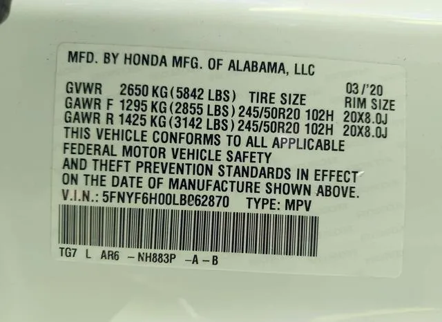 5FNYF6H00LB062870 2020 2020 Honda Pilot- Awd Elite 9