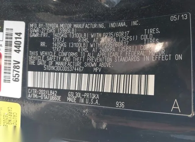 5TDYK3DC0DS374467 2013 2013 Toyota Sienna- Xle V6 8 Passenger 9