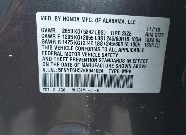 5FNYF6H57KB041024 2019 2019 Honda Pilot- Ex-L 9