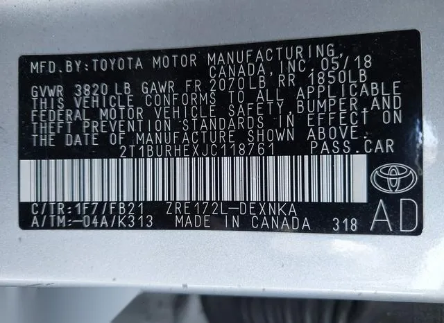 2T1BURHEXJC118761 2018 2018 Toyota Corolla- LE 9