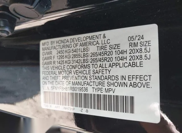 5FNYF8H81RB019536 2024 2024 Honda Passport- Awd Black 9