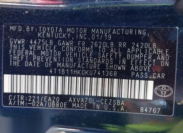 4T1B11HK0KU741368 2019 2019 Toyota Camry- SE 9