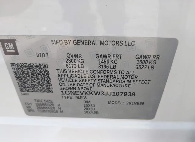 1GNEVKKW3JJ107938 2018 2018 Chevrolet Traverse- High Country 9