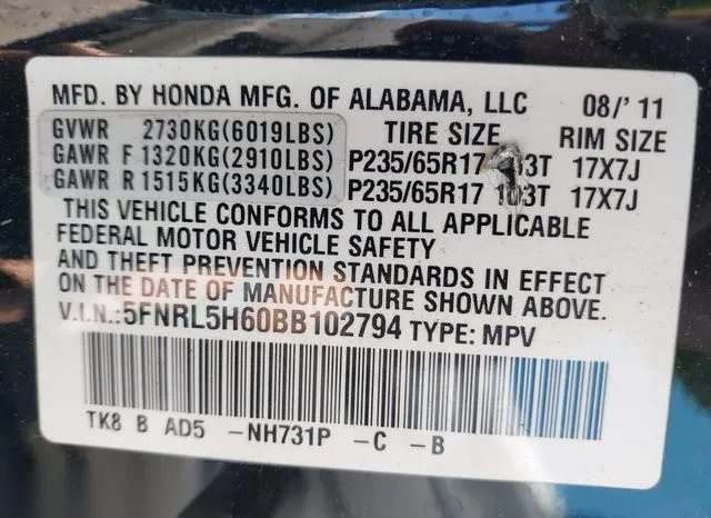 5FNRL5H60BB102794 2011 2011 Honda Odyssey- Ex-L 9