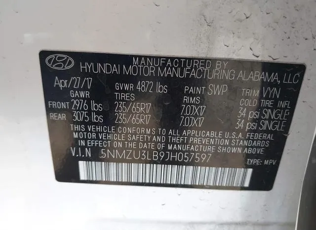 5NMZU3LB9JH057597 2018 2018 Hyundai Santa Fe- Sport 2-4L 9