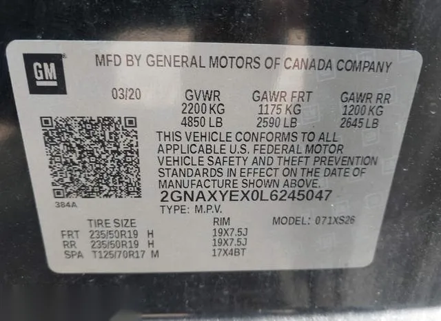 2GNAXYEX0L6245047 2020 2020 Chevrolet Equinox- Awd Premier 9