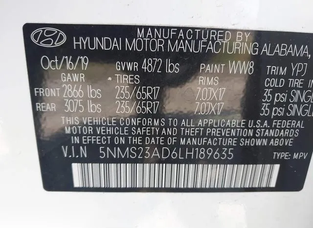 5NMS23AD6LH189635 2020 2020 Hyundai Santa Fe- SE 9