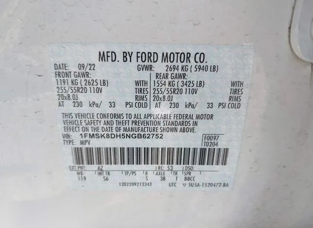 1FMSK8DH5NGB62752 2022 2022 Ford Explorer- Xlt 9