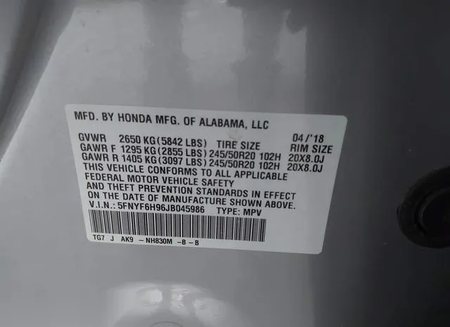 5FNYF6H96JB045986 2018 2018 Honda Pilot- Touring 9