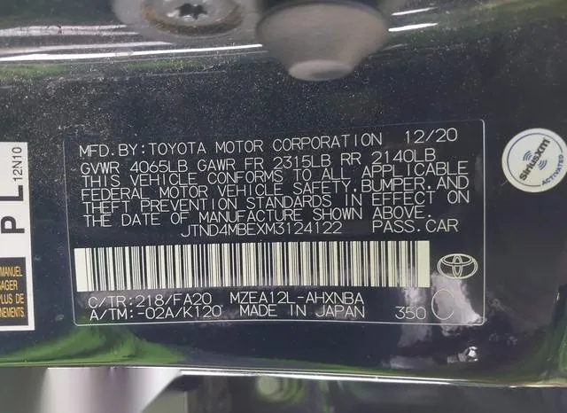 JTND4MBEXM3124122 2021 2021 Toyota Corolla- SE 9