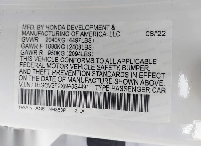 1HGCV3F2XNA034491 2022 2022 Honda Accord- Hybrid Sport 9