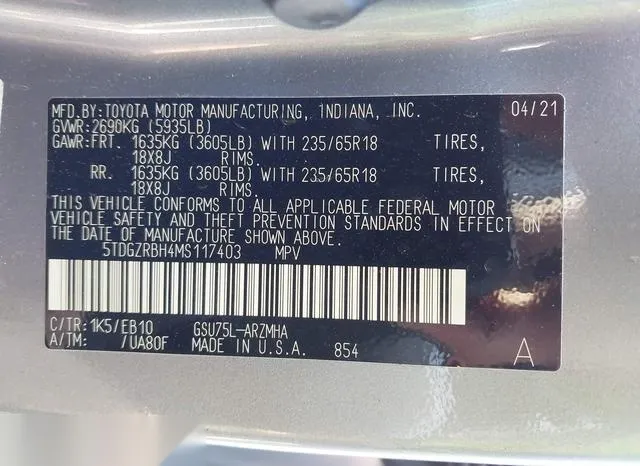 5TDGZRBH4MS117403 2021 2021 Toyota Highlander- Xle 9