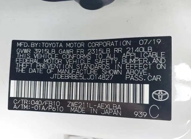 JTDEBRBE5LJ014827 2020 2020 Toyota Corolla- Hybrid Le 9