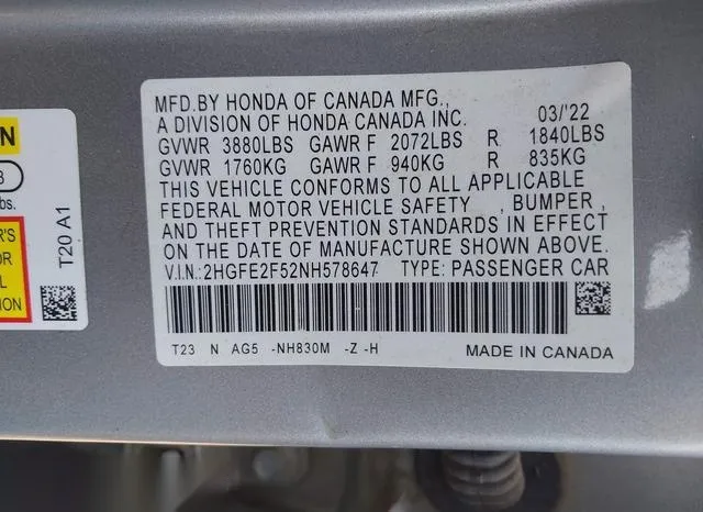 2HGFE2F52NH578647 2022 2022 Honda Civic- Sport 9