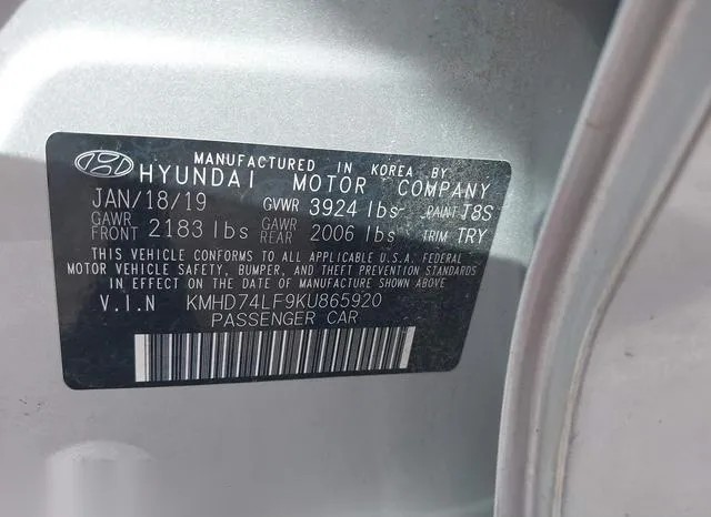 KMHD74LF9KU865920 2019 2019 Hyundai Elantra- SE 9