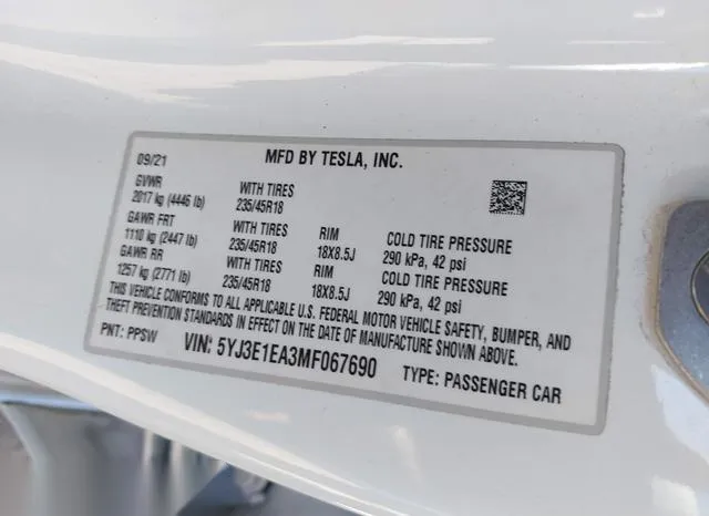 5YJ3E1EA3MF067690 2021 2021 Tesla Model 3- Standard Range Pl 9