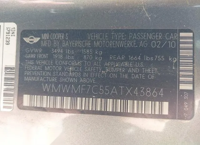 WMWMF7C55ATX43864 2010 2010 Mini Cooper S 9