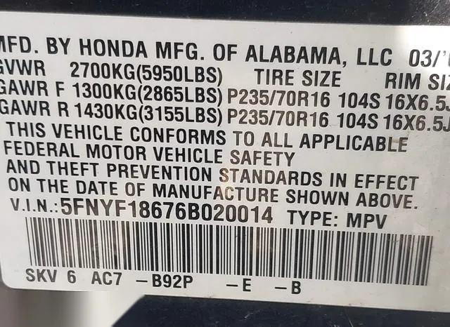 5FNYF18676B020014 2006 2006 Honda Pilot- Ex-L 9