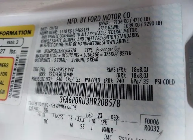 3FA6P0RU3HR208578 2017 2017 Ford Fusion- Hybrid Platinum 9