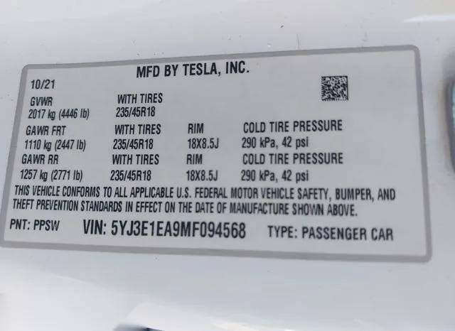 5YJ3E1EA9MF094568 2021 2021 Tesla Model 3- Standard Range Pl 9