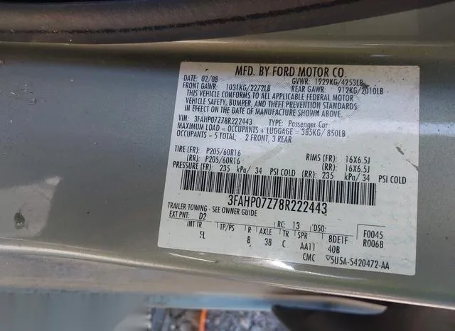 3FAHP07Z78R222443 2008 2008 Ford Fusion- SE 9