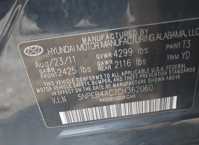 5NPEB4AC7CH362060 2012 2012 Hyundai Sonata- Gls 9