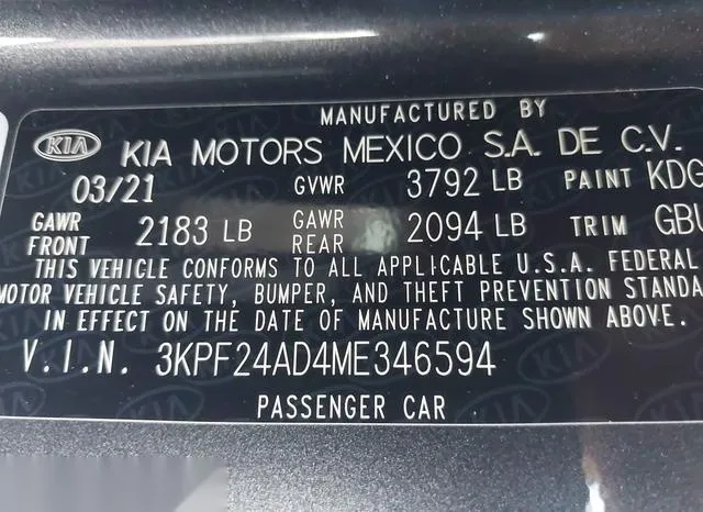 3KPF24AD4ME346594 2021 2021 KIA Forte- Lxs 9