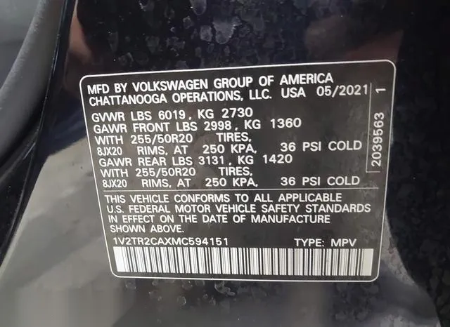 1V2TR2CAXMC594151 2021 2021 Volkswagen Atlas- 3-6L V6 Sel Pr 9