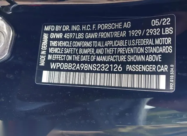 WP0BB2A98NS232126 2022 2022 Porsche 911- Edition 50 Years Po 9