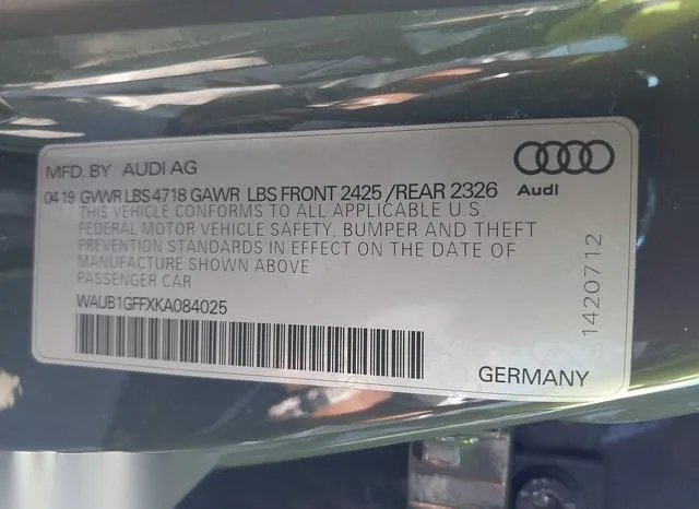 WAUB1GFFXKA084025 2019 2019 Audi S3- 2-0T Premium Plus 9