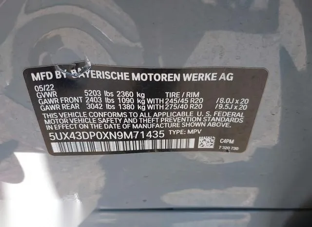 5UX43DP0XN9M71435 2022 2022 BMW X3- Sdrive30I 9