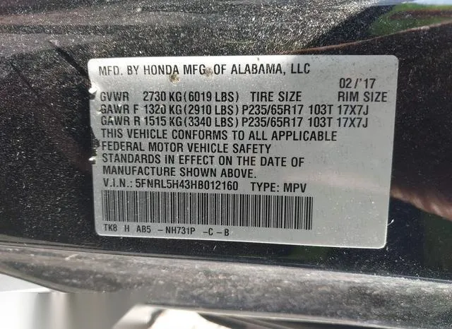 5FNRL5H43HB012160 2017 2017 Honda Odyssey- EX 9