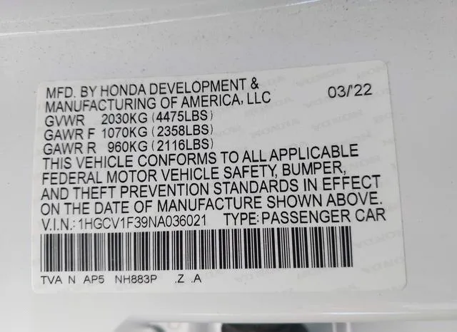 1HGCV1F39NA036021 2022 2022 Honda Accord- Sport 9