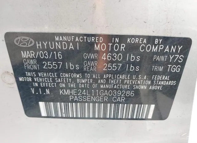 KMHE24L11GA039286 2016 2016 Hyundai Sonata- Hybrid SE 9