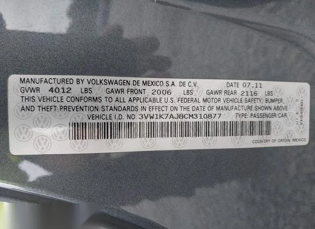 3VW1K7AJ8CM310877 2012 2012 Volkswagen Jetta- 2-0L S 9