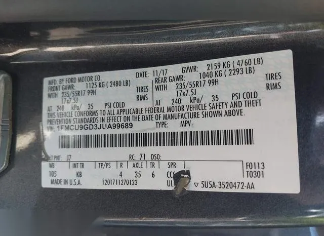 1FMCU9GD3JUA99689 2018 2018 Ford Escape- SE 9