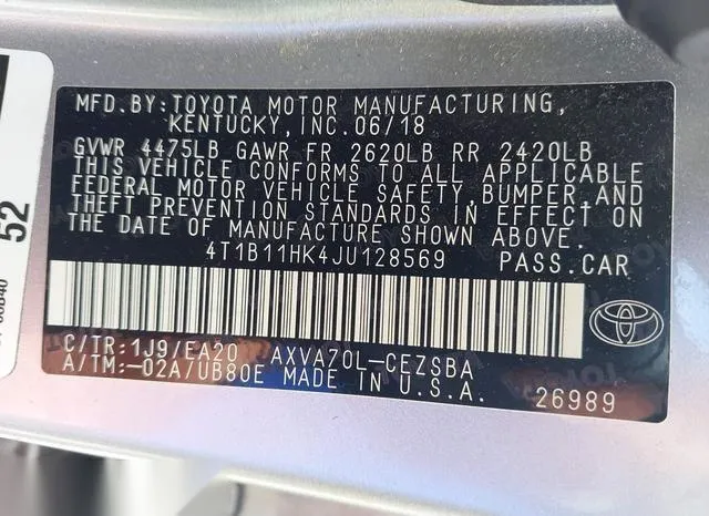 4T1B11HK4JU128569 2018 2018 Toyota Camry- SE 9