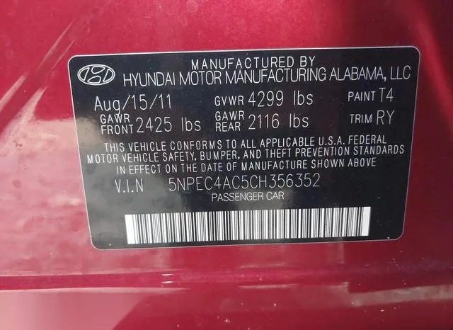 5NPEC4AC5CH356352 2012 2012 Hyundai Sonata- SE 9